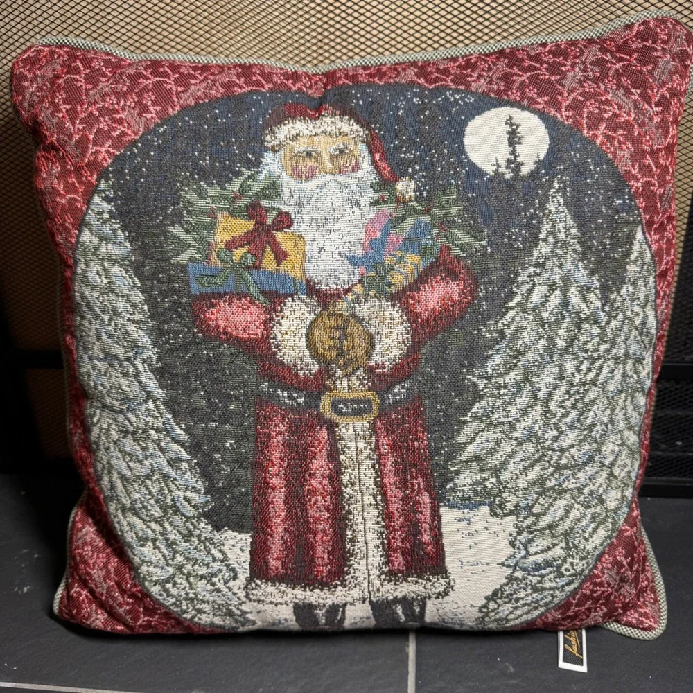 Fashion Woven Tapestry Christmas Santa Claus Throw Pillow Red Green Snowy Forest